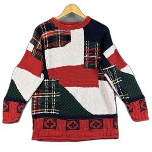 VTG ChristmasSweater Plaid Size M Ramie Cotton Tartan Marsh Landing Hand Knits